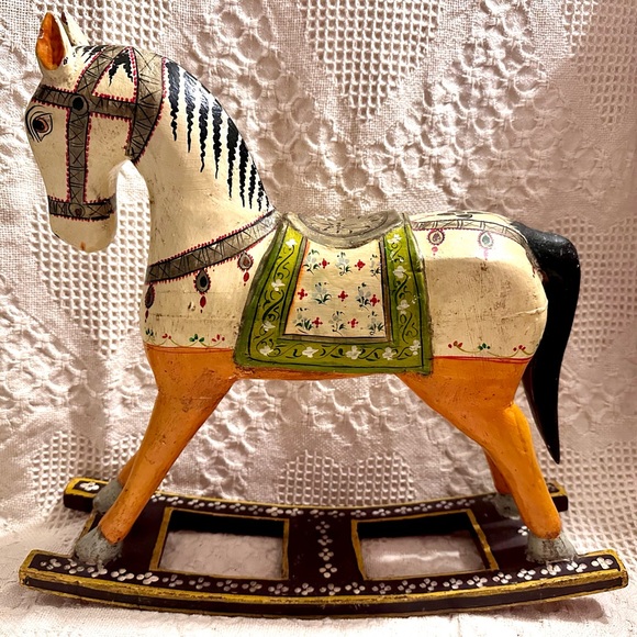 90’s Rare Vtg Folk ArtSolid Wood Hand Painted Rocking Horse 16” Tall India